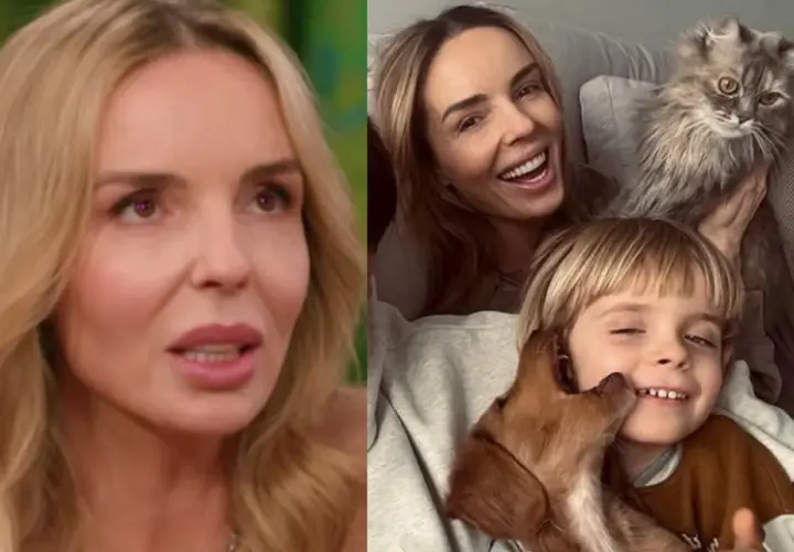 Agnieszka Włodarczyk z dziećmi i kotem. Uśmiechnięta mama, jej syn i piesek.