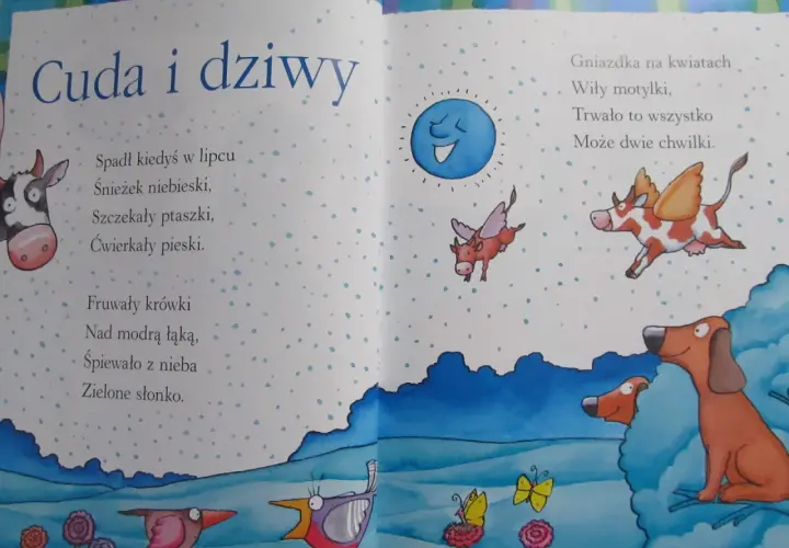 Ilustracja do krótkich wierszy dla dzieci Jana Brzechwy. Latające krówki, śmiejące się słonko i psy w krzakach.