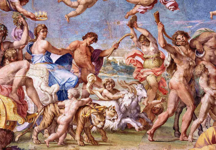 Triumf Bachusa w mitologii greckiej. Postacie z mitologii greckiej, w tym Bachus, w orszaku z tygrysem i kozłem.