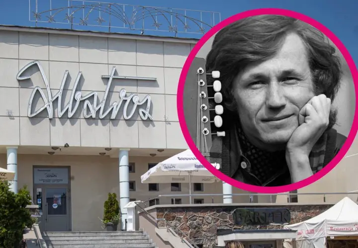 Portret mężczyzny z gitarą na tle napisu "Albatros". Może to wspomnienie o siedmiu dziewczętach z Albatrosa?