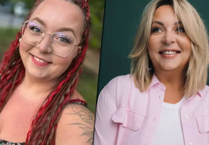 Dwie kobiety, jedna z rudymi warkoczami i okularami, druga z blond włosami w różowej koszuli. Obie uśmiechnięte, jakby każda mama na obrotach znalazła chwilę dla siebie.