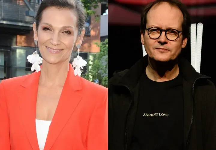 Olga Bończyk z mężem, uśmiechnięta aktorka w pomarańczowej marynarce i mężczyzna w okularach z napisem "Ancient Love".