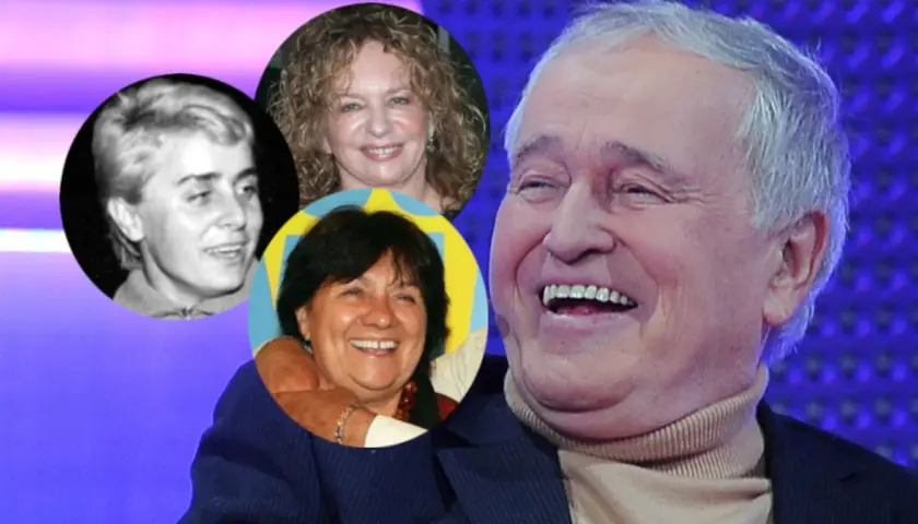 Jan Nowicki z uśmiechem na twarzy, obok niego zdjęcia jego dzieci z różnych etapów życia.