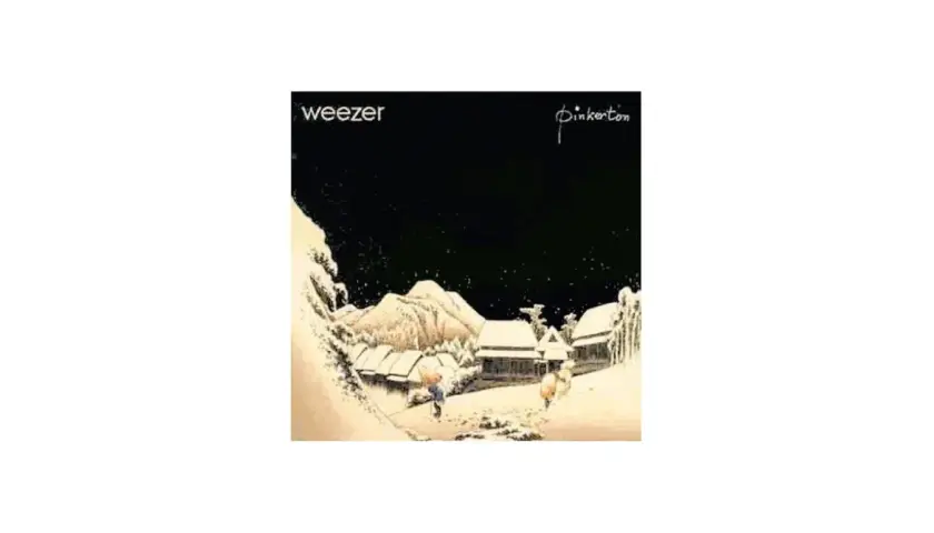 Okładka albumu Weezer "Pinkerton" przedstawia zimowy krajobraz z zasypanymi śniegiem domkami i dwiema postaciami.