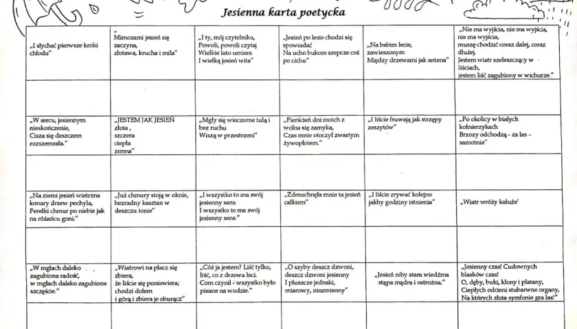 Jesienna karta poetycka pełna rymów, gdzie podwójne rymy tworzą jesienny nastrój.