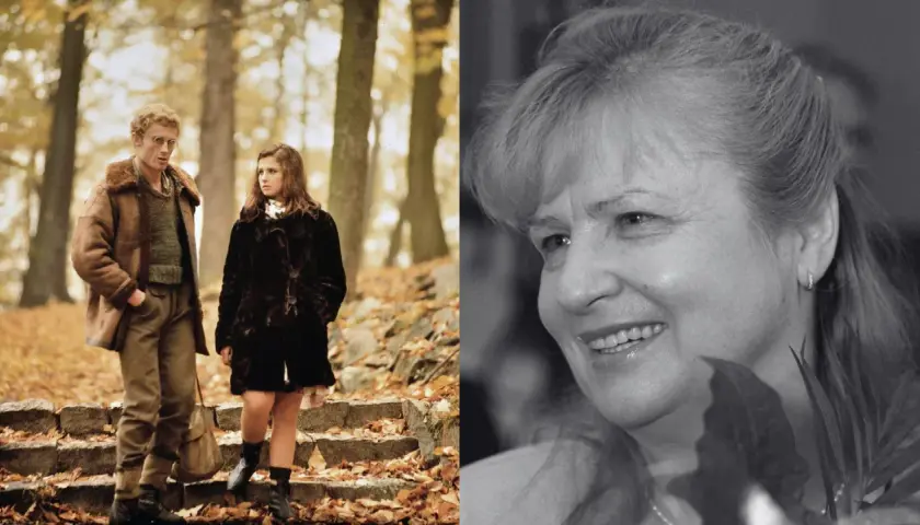 Stanisława Celińska z mężem w jesiennym parku. Uśmiechnięta aktorka na drugim planie.