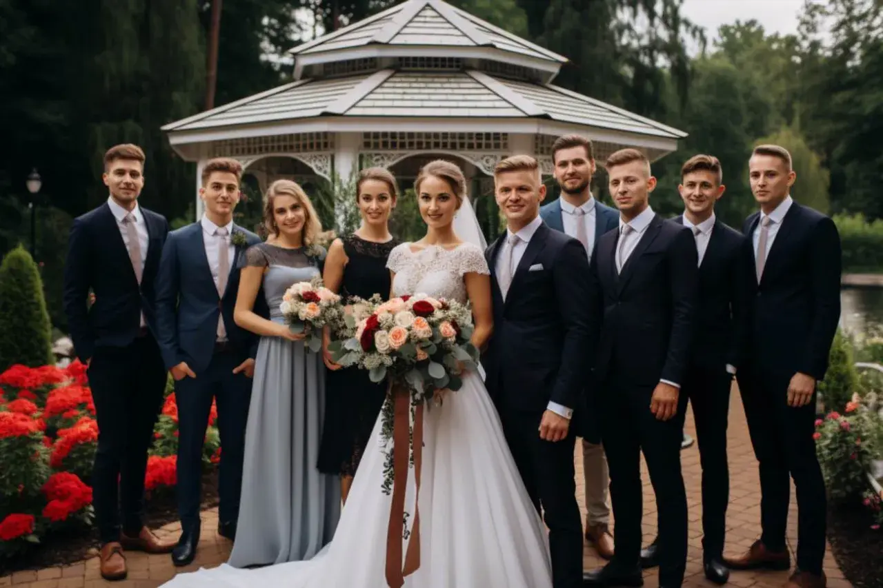 Agnieszka Gołaś wyszła za mąż! Para młoda z drużbami i druhnami pozuje do zdjęcia na tle altany.