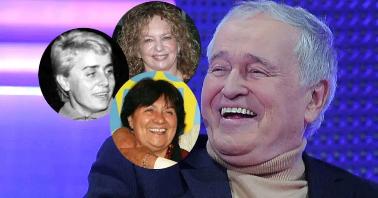 Jan Nowicki z uśmiechem na twarzy, obok niego zdjęcia jego dzieci z różnych etapów życia.