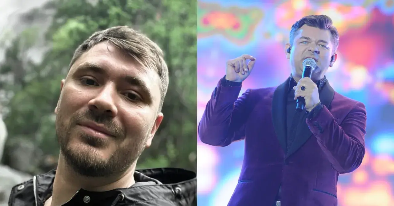 Dwa ujęcia: z lewej mężczyzna w kurtce na tle zieleni, z prawej Zenek Martyniuk w fioletowym garniturze śpiewa do mikrofonu.