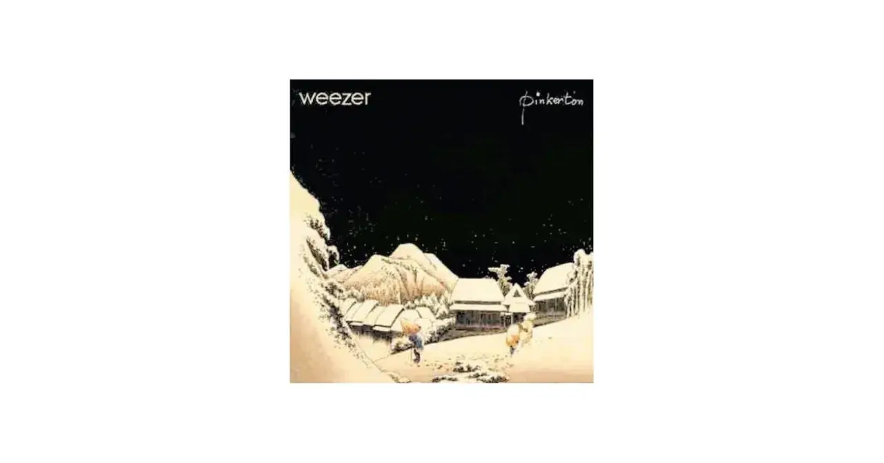 Okładka albumu Weezer "Pinkerton" przedstawia zimowy krajobraz z zasypanymi śniegiem domkami i dwiema postaciami.