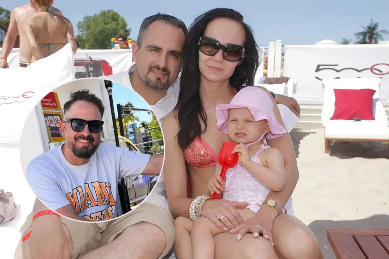 Agustin Egurrola z żoną i córką na plaży. W okręgu uśmiechnięty Agustin w okularach przeciwsłonecznych.