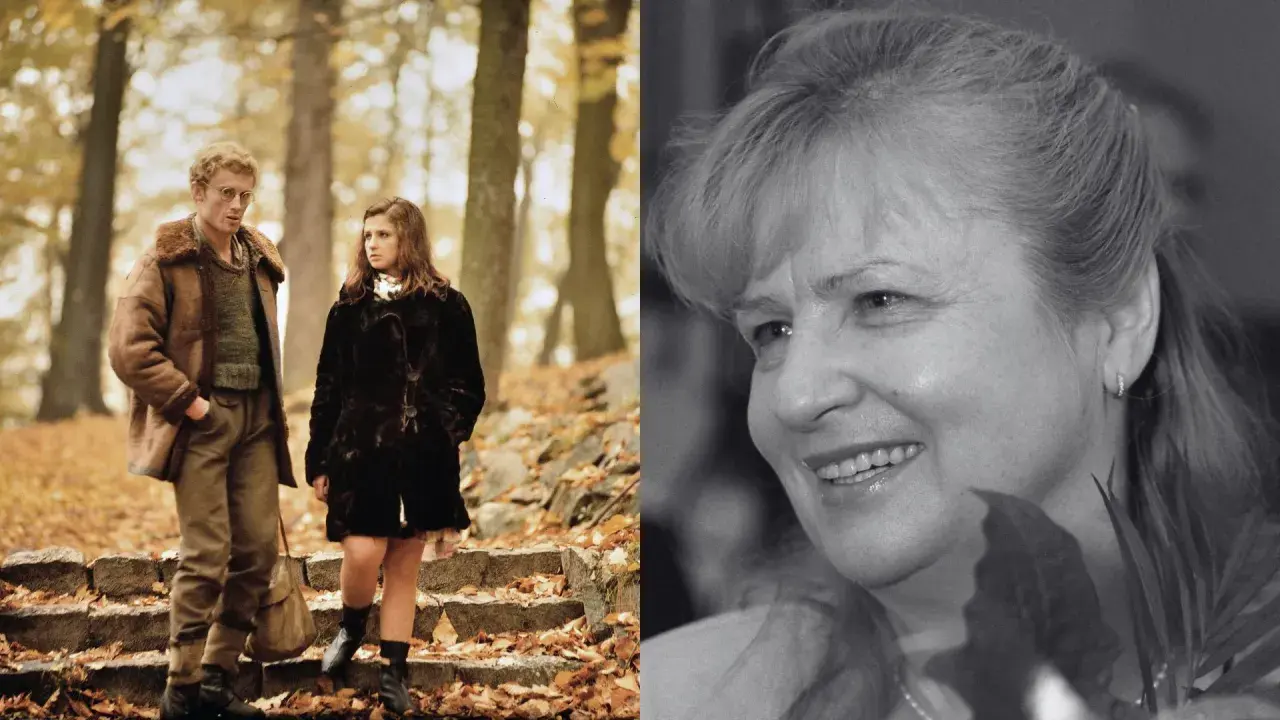 Stanisława Celińska z mężem w jesiennym parku. Uśmiechnięta aktorka na drugim planie.