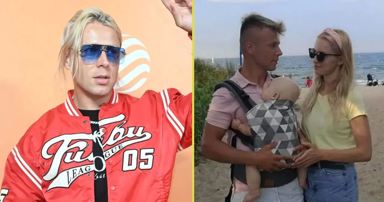 Czy Skolim ma dzieci? Na zdjęciu widzimy artystę w czerwonej kurtce i obok niego rodzinę z dzieckiem na plaży.