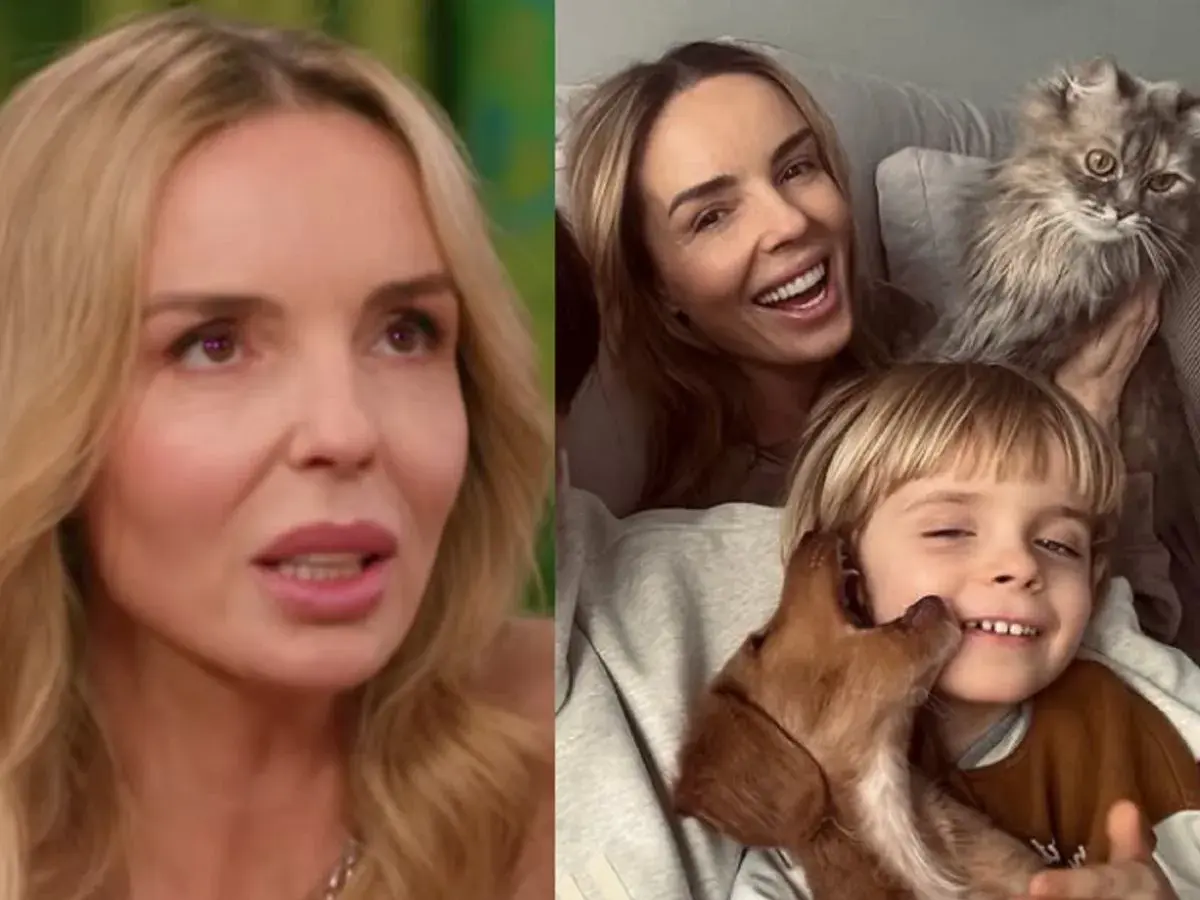 Agnieszka Włodarczyk z dziećmi i kotem. Uśmiechnięta mama, jej syn i piesek.