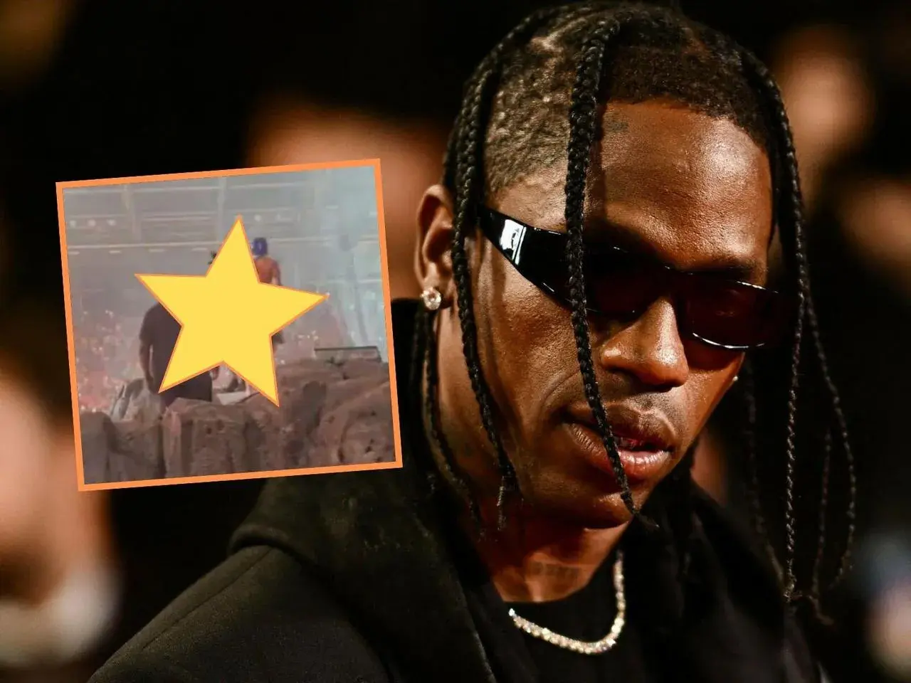 Travis Scott na scenie, w tle tłum. Gwiazda rapu w okularach przeciwsłonecznych.