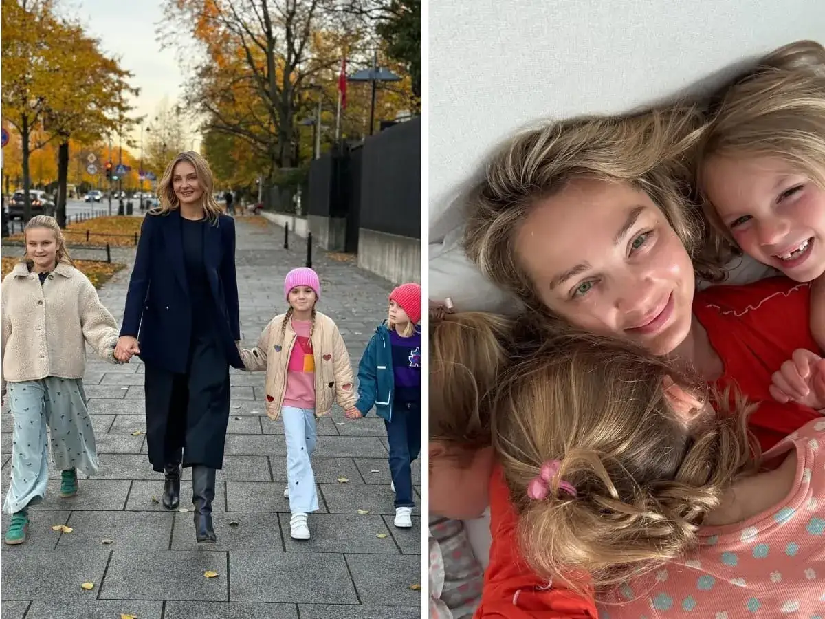 Agnieszka Kaczorowska z dziećmi spaceruje jesienią i przytula się do nich w łóżku.