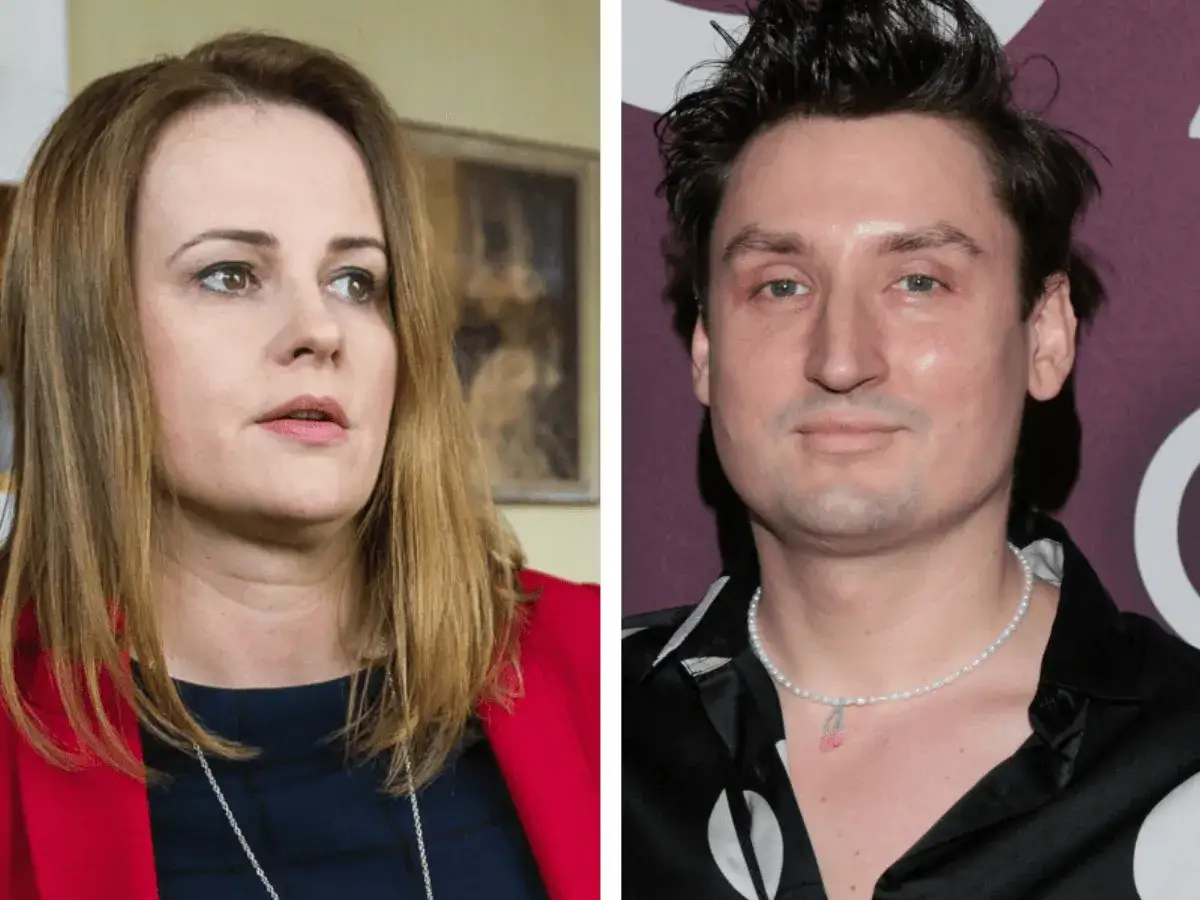 Kobieta w czerwonej marynarce i mężczyzna w czarnej koszuli z pereł. Filip Cembala partner.