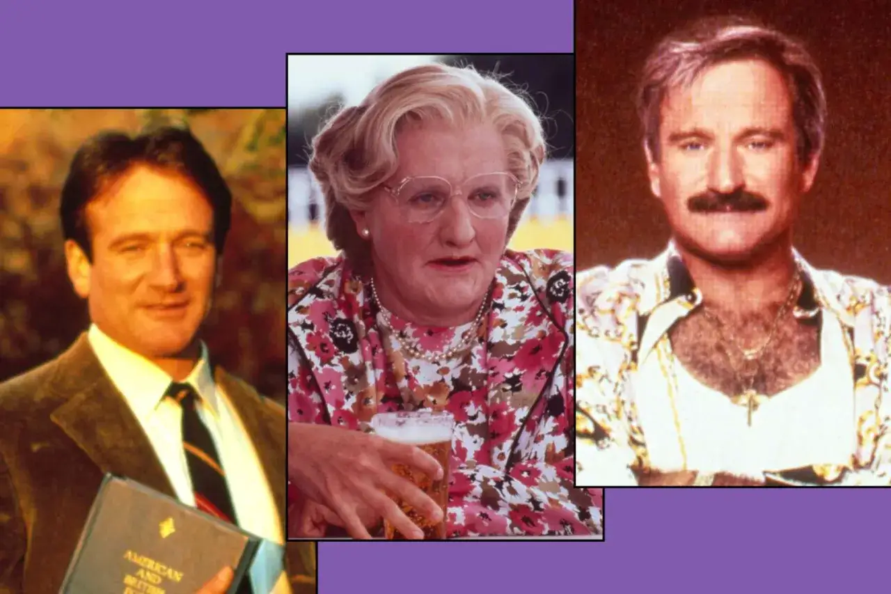 Trzy ujęcia Robbiego Williamsa, aktora: w garniturze, jako Pani Doubtfire i z wąsami.