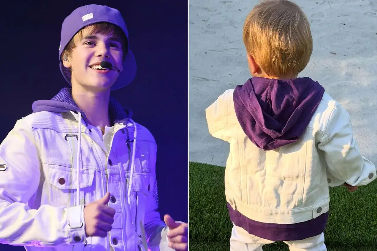 Justin Bieber jako dziecko w fioletowej czapce i białej kurtce, obok dziecko w podobnym stroju.